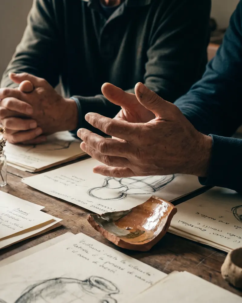 Mani che si incontrano su un tavolo di lavoro con disegni e appunti