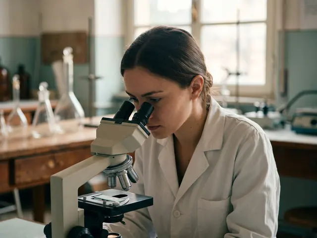 Ricercatrice che osserva un campione al microscopio